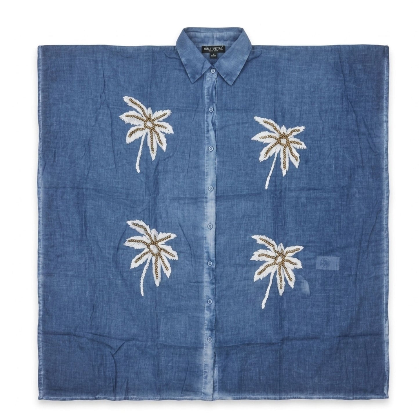 Kaftan Nomad Sari Colección Med - Azul com Palmeiras Douradas e Brancas