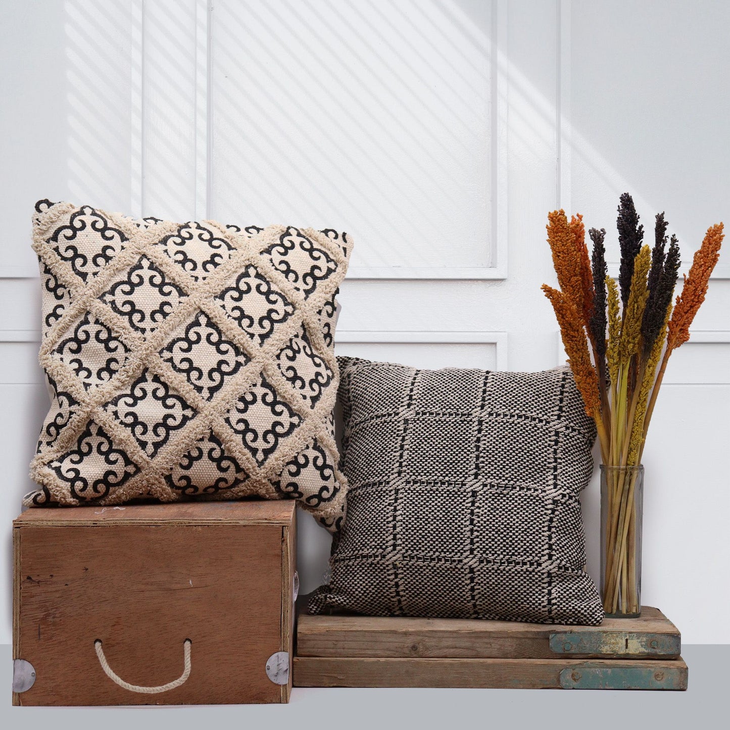 Capa de Almofada Boho 40x40 cm — Chevron Cinzento