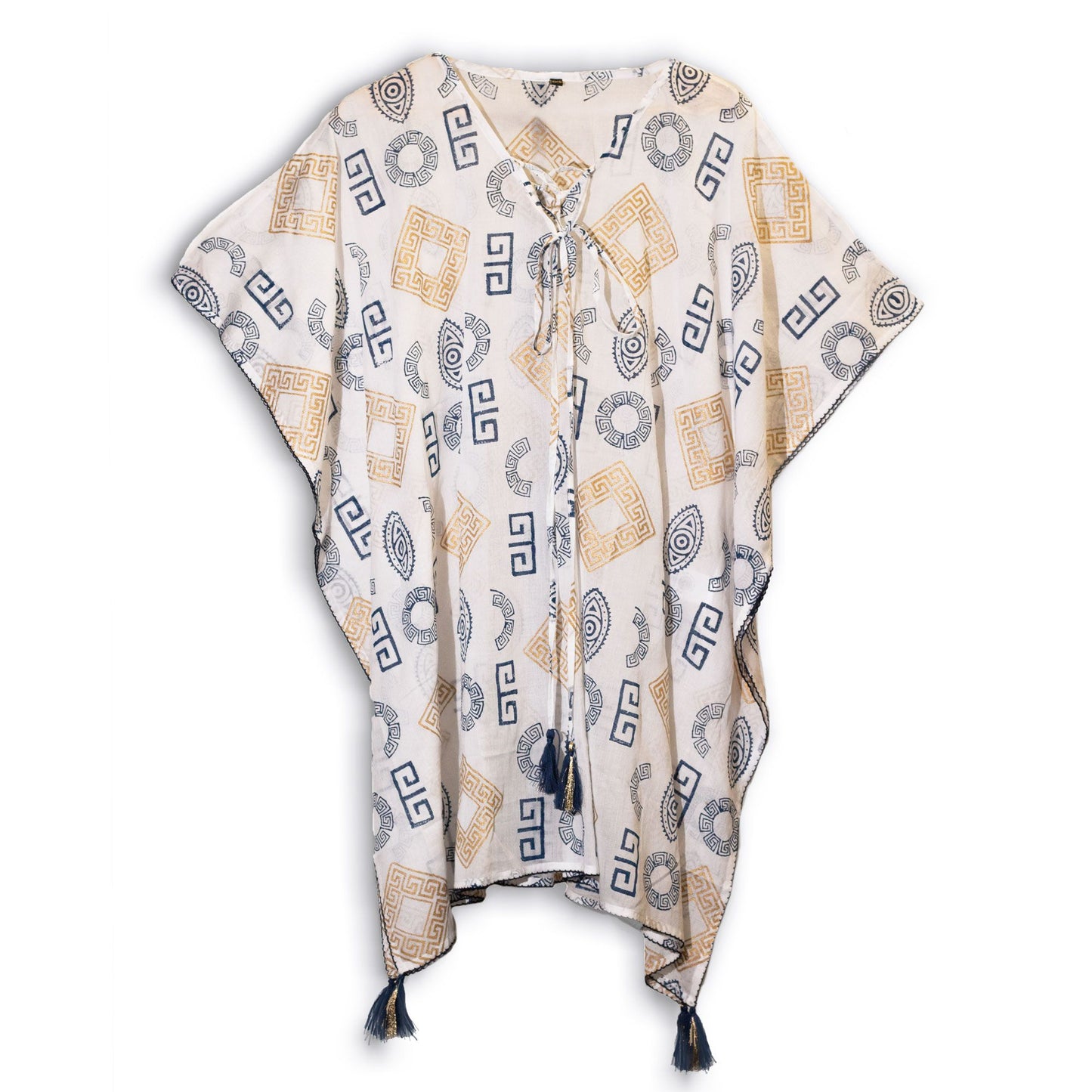 Kaftan Nomad Sari Mediterrâneo - Motivo Grego Dourado e Azul Pintado à Mão