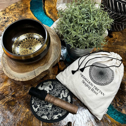 Set de Oferta Taça Tibetana Gravada à Mão - 14 cm - Medalhões Redondos