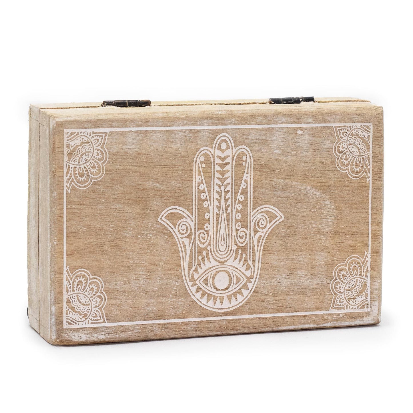 Caixa Retangular Grande em Madeira de Mango - Hamsa Branco