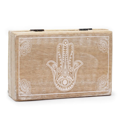 Caixa Retangular Grande em Madeira de Mango - Hamsa Branco