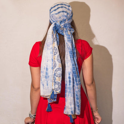Lenço Nomad Sari Marbella Verão - Azul e Dourado (180x50cm)