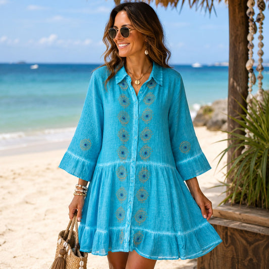 Vestido Túnica Nomad Sari Colección Med - Turquesa com Olho Turco (M-L)