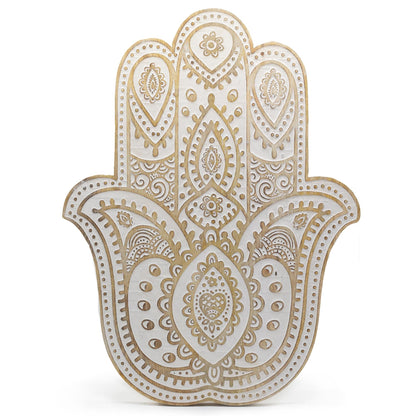 Placa de Parede Mão de Hamsa em Madeira de Mangueira - Branco