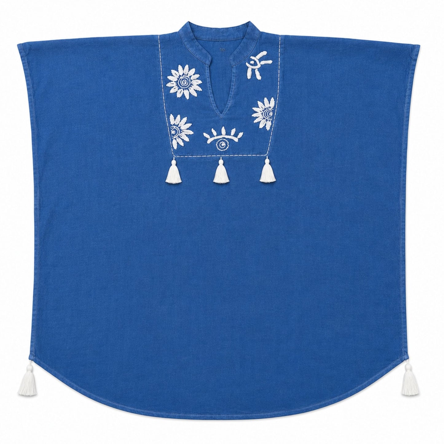 Kaftan Nomad Sari Colección Med - Azul com Bordado Creme e Borlas