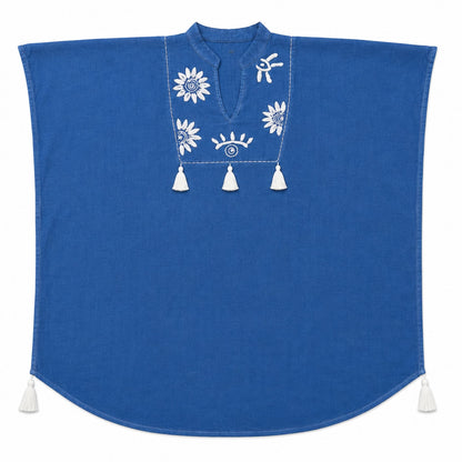 Kaftan Nomad Sari Colección Med - Azul com Bordado Creme e Borlas