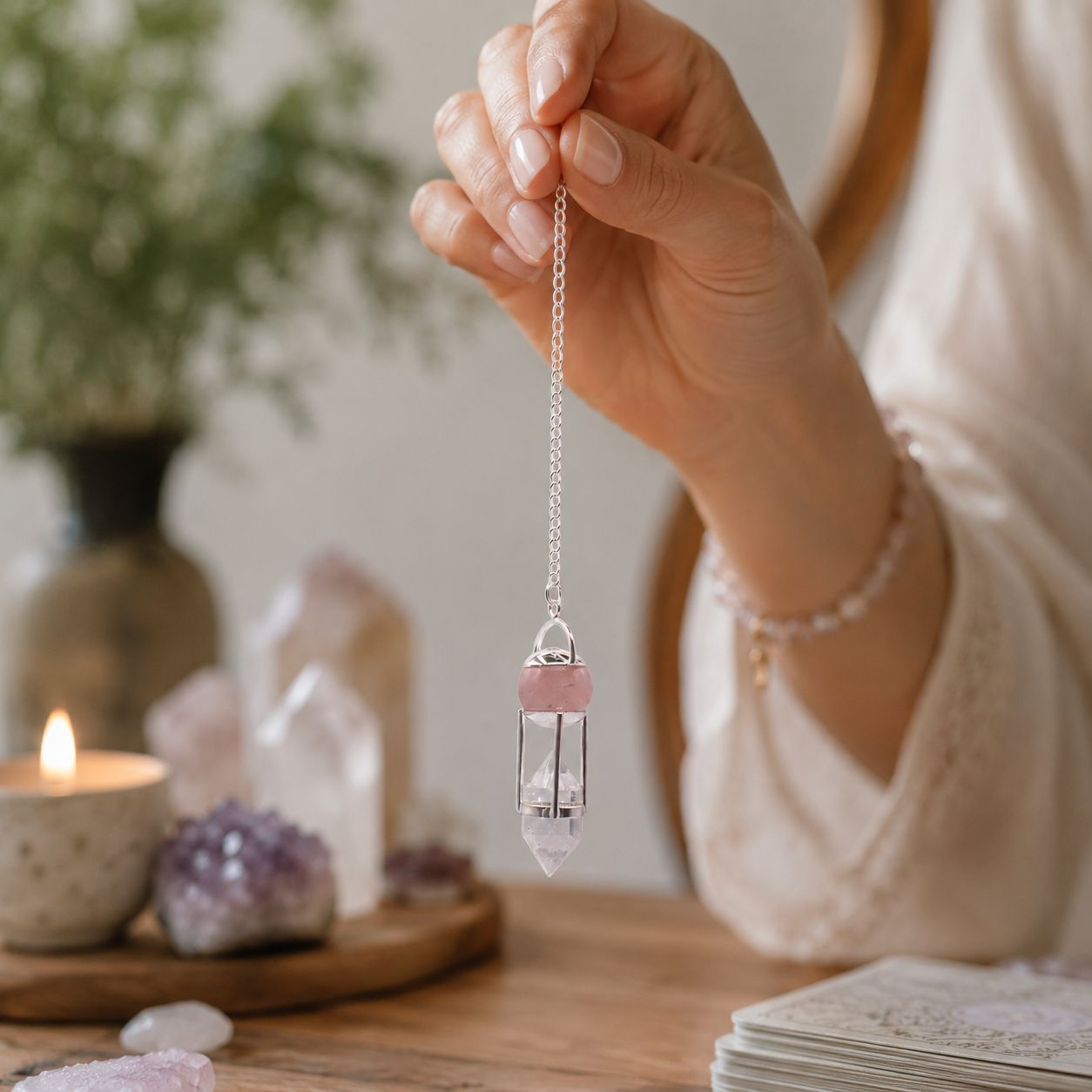 Péndulo de Duplo Poder - Quartzo Rosa e Quartzo Transparente