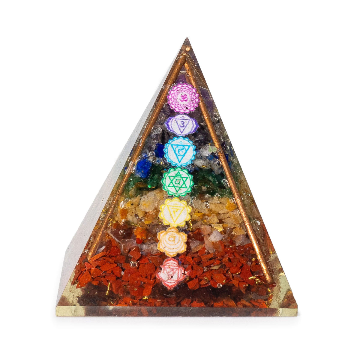 Pirâmide de Orgonite 7 x 6 cm com Barras de Cobre e pedras  dos Chakras