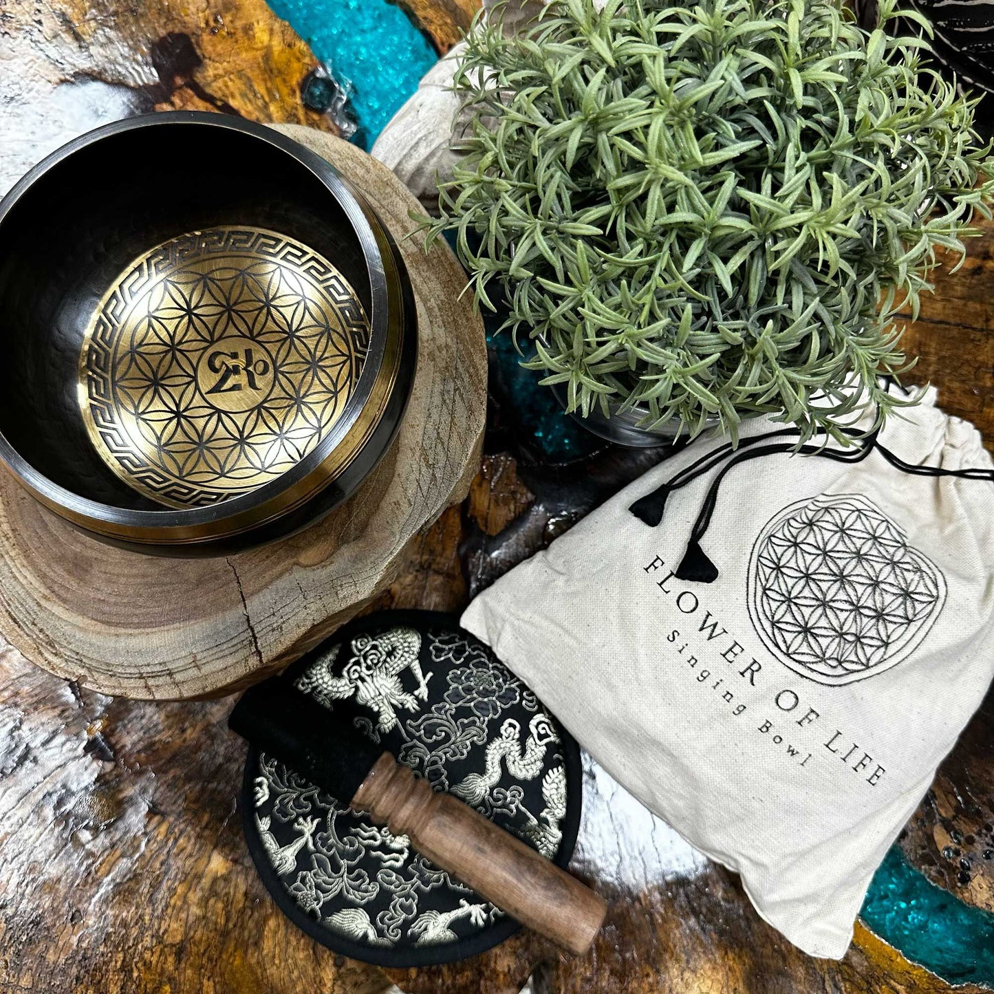 Set de Oferta Taça Tibetana Gravada à Mão - 14 cm - Flor da Vida