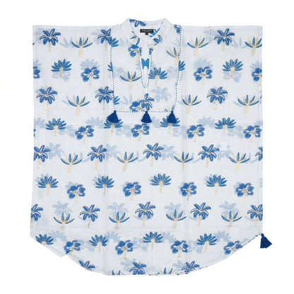 Kaftan Nomad Sari Colección Med - Creme com Bordado Azul e Borlas