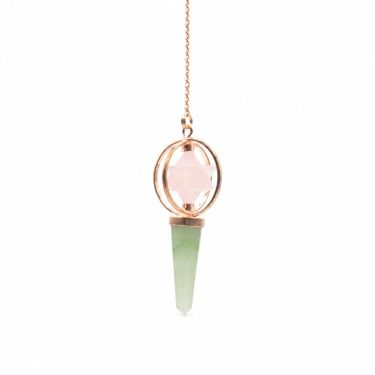Péndulo Merkaba Giratório de Duas Peças - Quartzo Rosa e Aventurina Verde