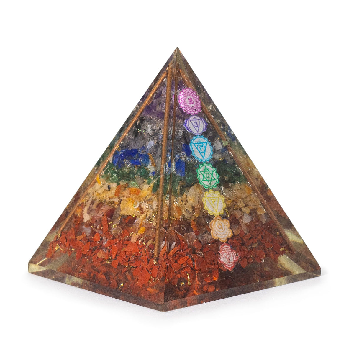 Pirâmide de Orgonite 7 x 6 cm com Barras de Cobre e pedras  dos Chakras