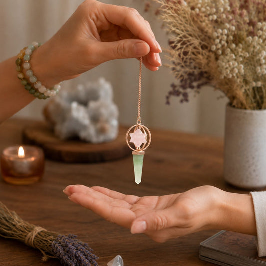 Péndulo Merkaba Giratório de Duas Peças - Quartzo Rosa e Aventurina Verde