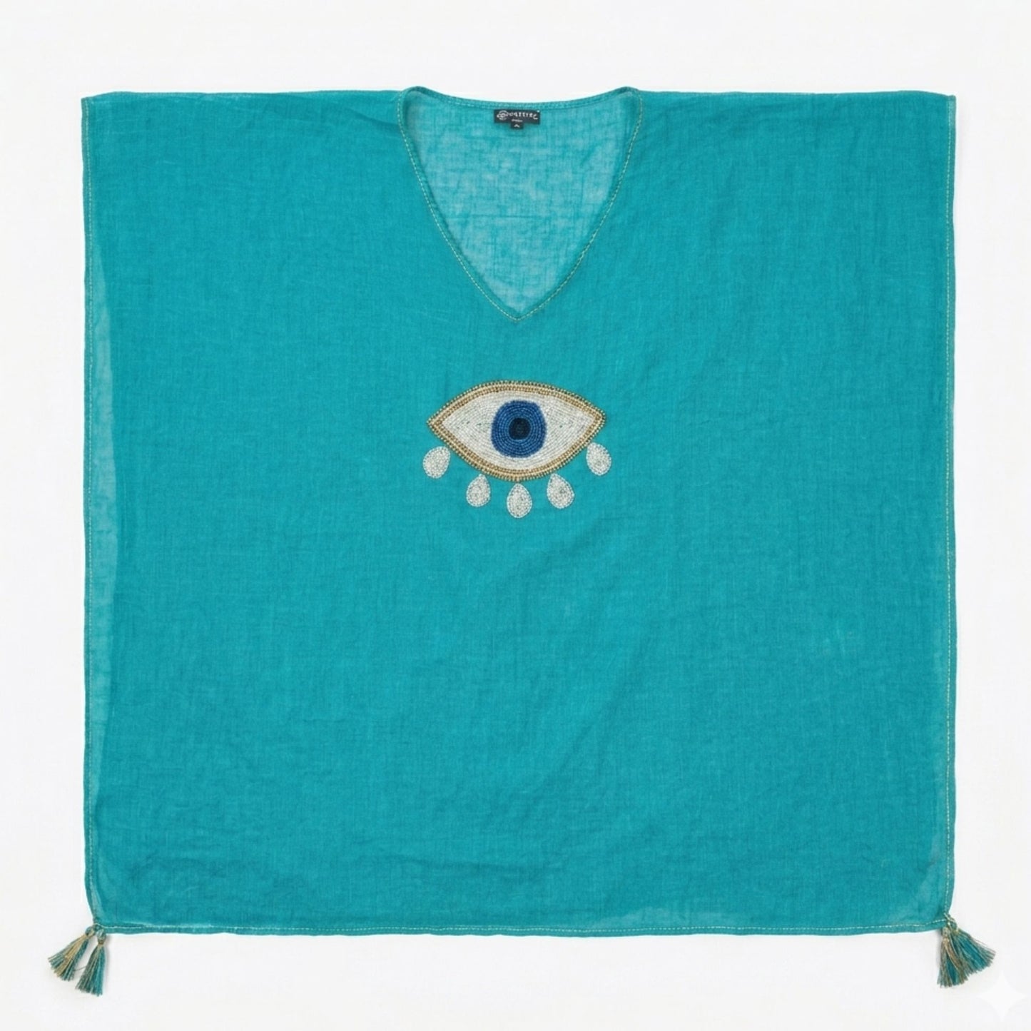 Kaftan Nomad Sari Colección Med - Turquesa com Olho Turco Dourado e Branco