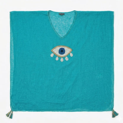 Kaftan Nomad Sari Colección Med - Turquesa com Olho Turco Dourado e Branco