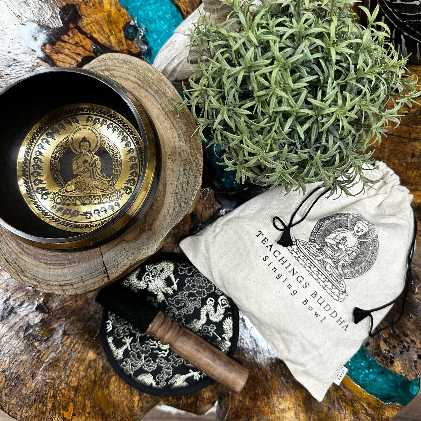 Set de Oferta Taça Tibetana Gravada à Mão - 14 cm - Ensinamentos de Buda