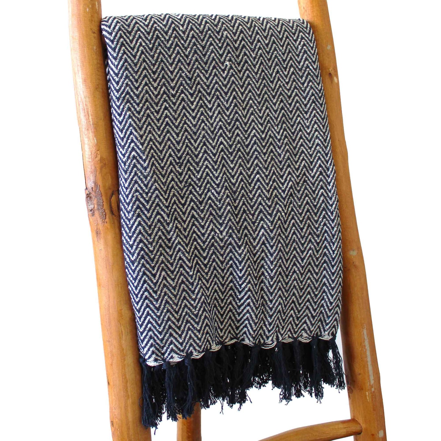 Manta Boho 100% Algodão — Zigzag Azul Marinho