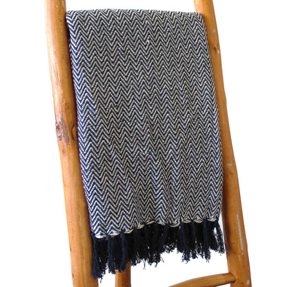 Manta Boho 100% Algodão — Zigzag Azul Marinho