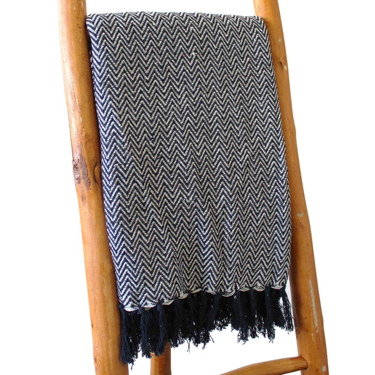 Manta Boho 100% Algodão — Zigzag Azul Marinho