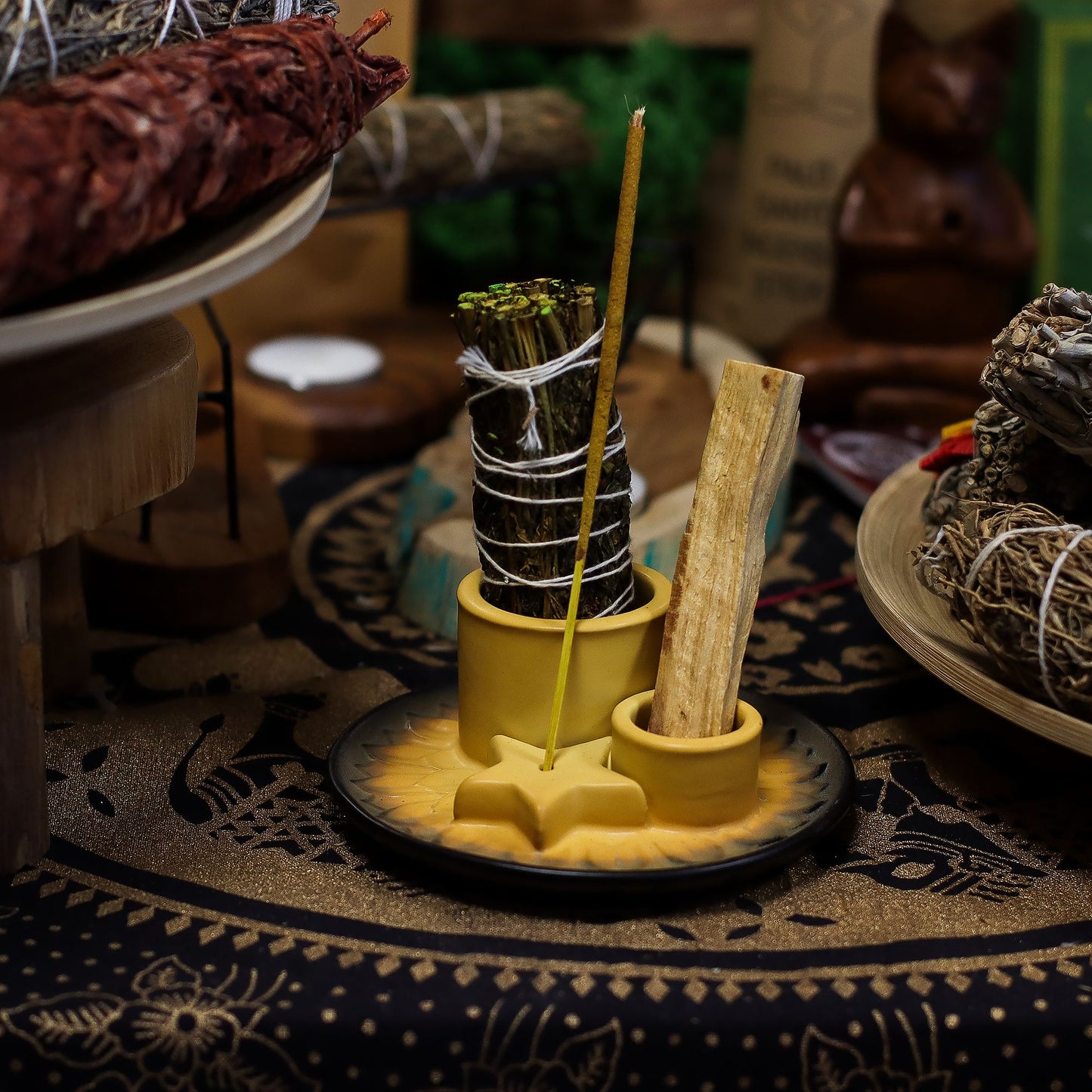 Suporte Cerâmico para Palo Santo e Incenso - Mandala Amarelo