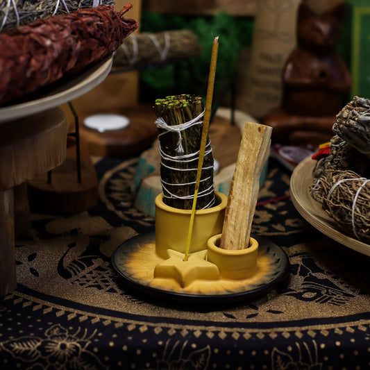 Suporte Cerâmico para Palo Santo e Incenso - Mandala Amarelo