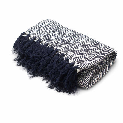 Manta Boho 100% Algodão — Zigzag Azul Marinho