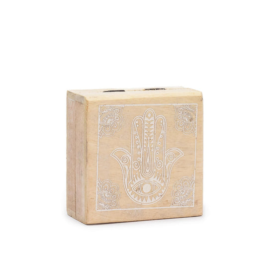 Caixa Quadrada Pequena em Madeira de Mango - Hamsa Branco