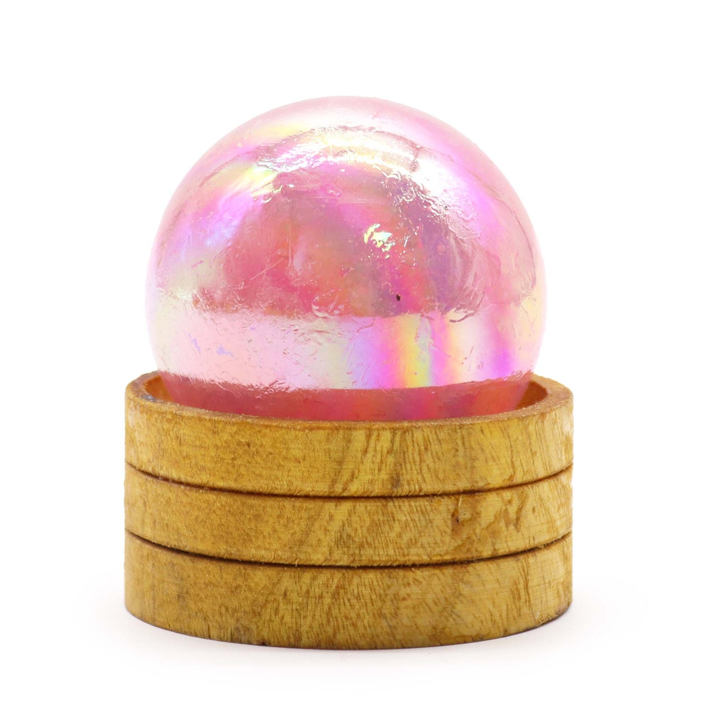 Esfera de Cristal de Quartzo Rosa 50mm com Aura de Titânio e Suporte