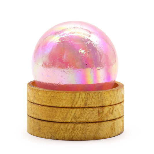 Esfera de Cristal de Quartzo Rosa 50mm com Aura de Titânio e Suporte