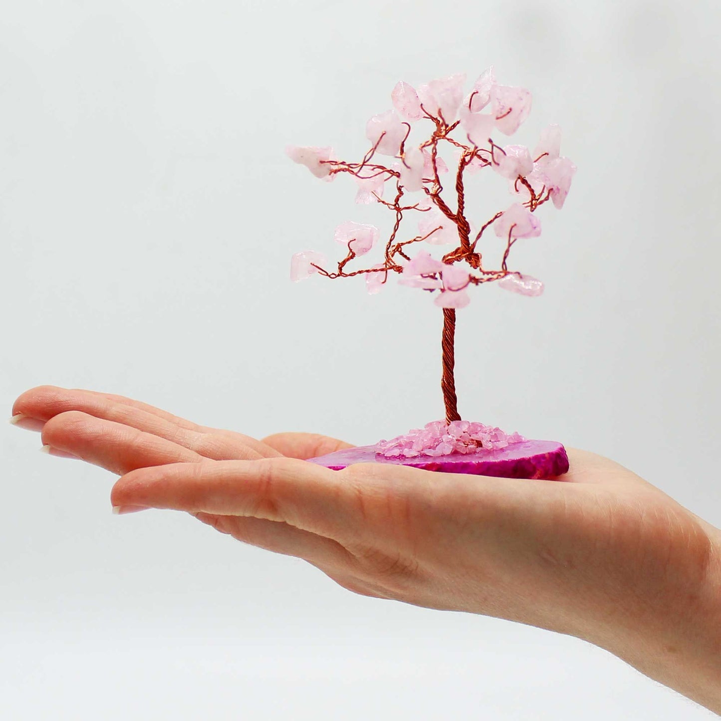 Árvore de Pedras Preciosas - Quartzo Rosa sobre base de Ágata Rosa (35 pedras)