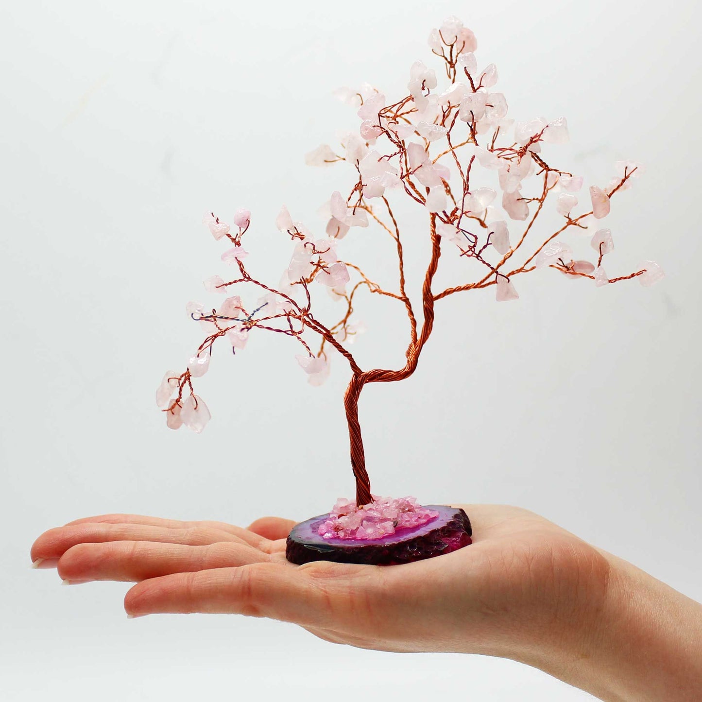 Árvore de Pedras Preciosas Grande - Quartzo Rosa sobre base de Ágata Rosa (100 pedras)