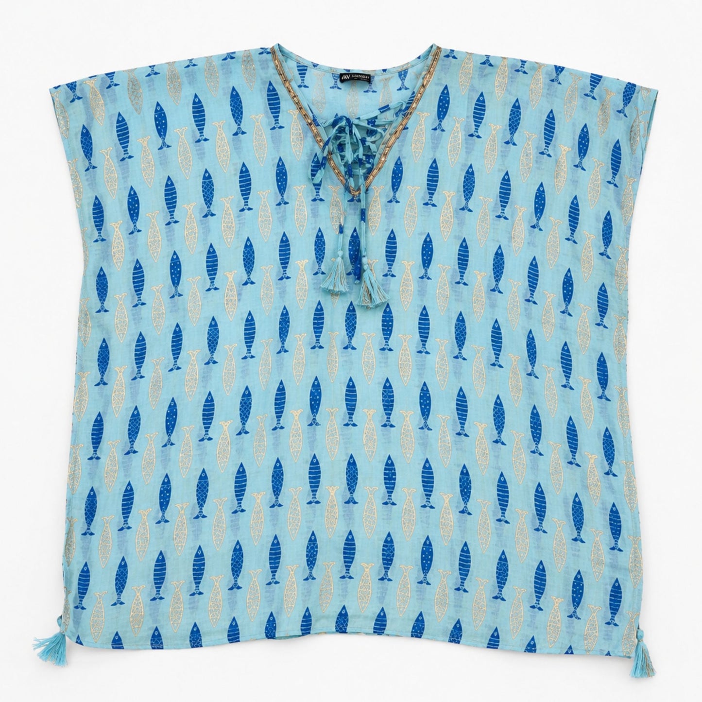 Kaftan Nomad Sari On the Med - Turquesa e Azul com Estampado de Peixes