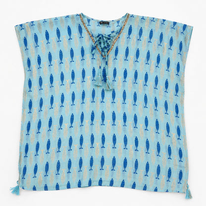 Kaftan Nomad Sari On the Med - Turquesa e Azul com Estampado de Peixes
