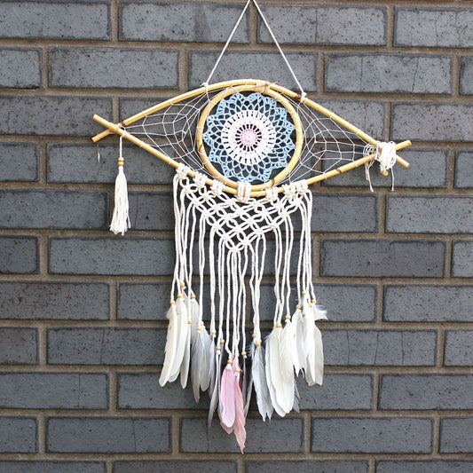 Guarda Sonhos Macramé - Médio Olho Azul/Branco/Rosa