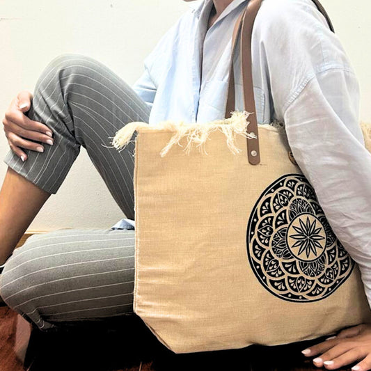 Mala Tote Natural com Alça de Couro - Mandala