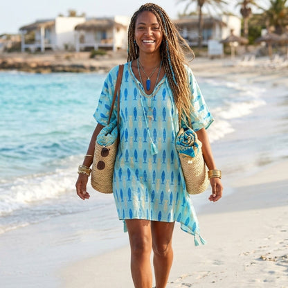 Kaftan Nomad Sari On the Med - Turquesa e Azul com Estampado de Peixes