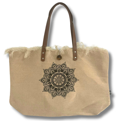 Mala Tote Natural com Alça de Couro - Mandala Geométrica