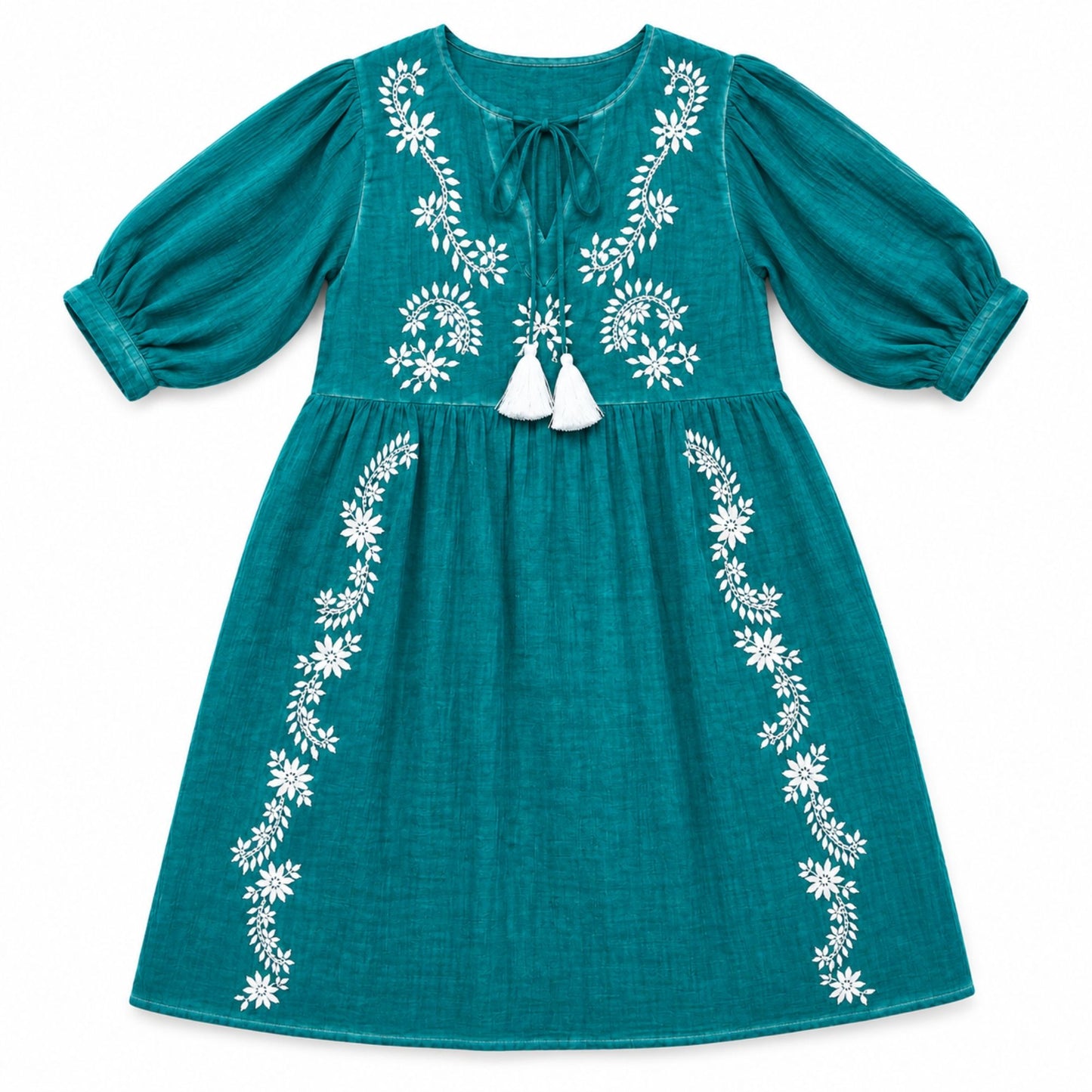 Vestido Nomad Sari Colección Med - Turquesa com Bordado e Borlas (M-L)