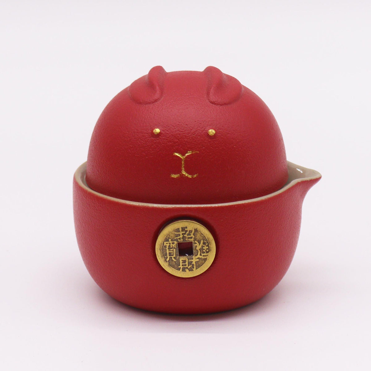 Conjunto de Bule Gato do Dinheiro Vermelho com Duas Chávenas e Estojo