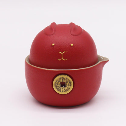 Conjunto de Bule Gato do Dinheiro Vermelho com Duas Chávenas e Estojo
