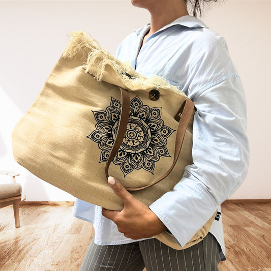 Mala Tote Natural com Alça de Couro - Mandala Geométrica