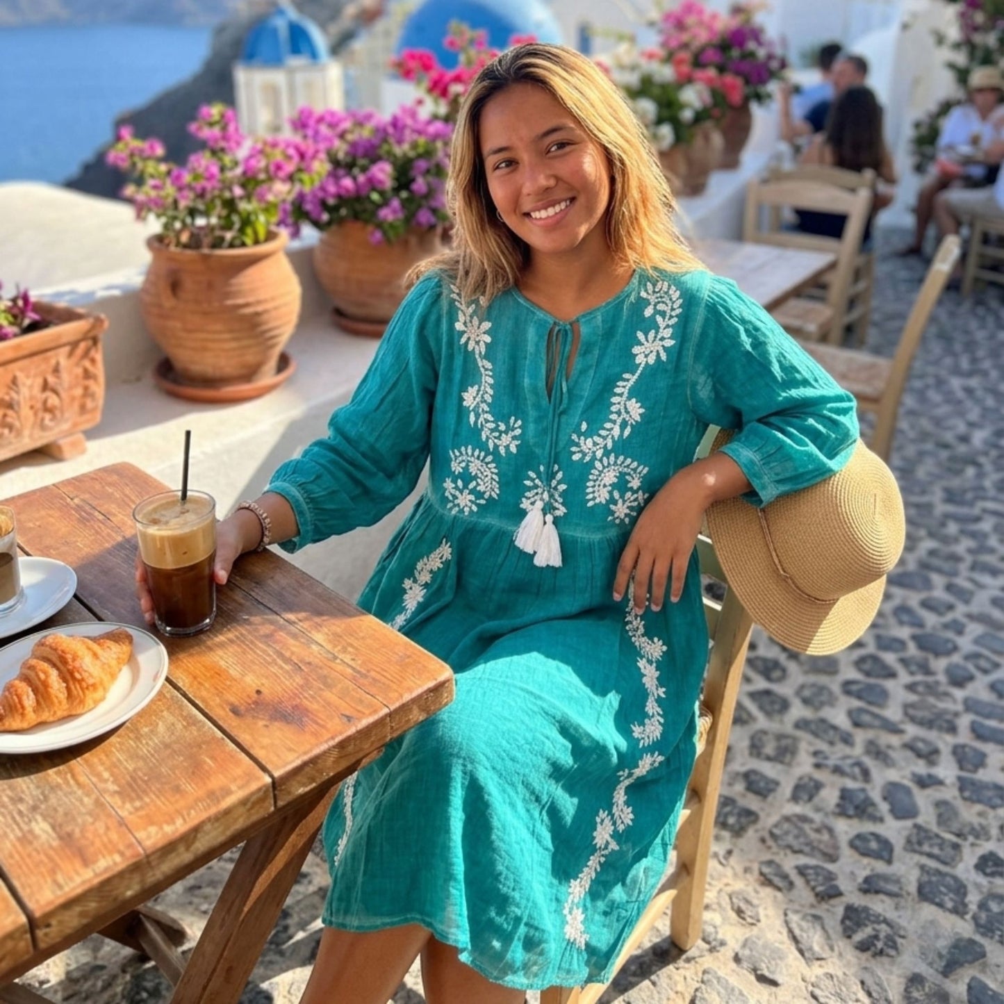 Vestido Nomad Sari Colección Med - Turquesa com Bordado e Borlas (M-L)