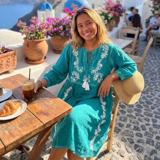 Vestido Nomad Sari Colección Med - Turquesa com Bordado e Borlas (M-L)
