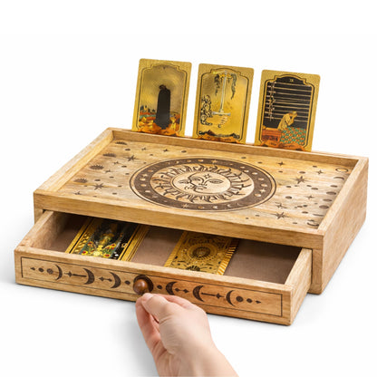 Caixa de Tarot Talhada Sol e Lua com Gaveta