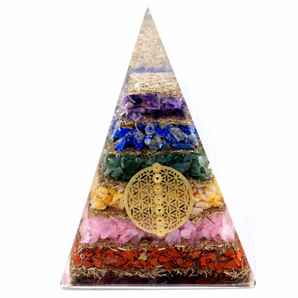 Pirâmide de Orgonite 70 mm com Cristais dos Sete Chakras e Flor da Vida