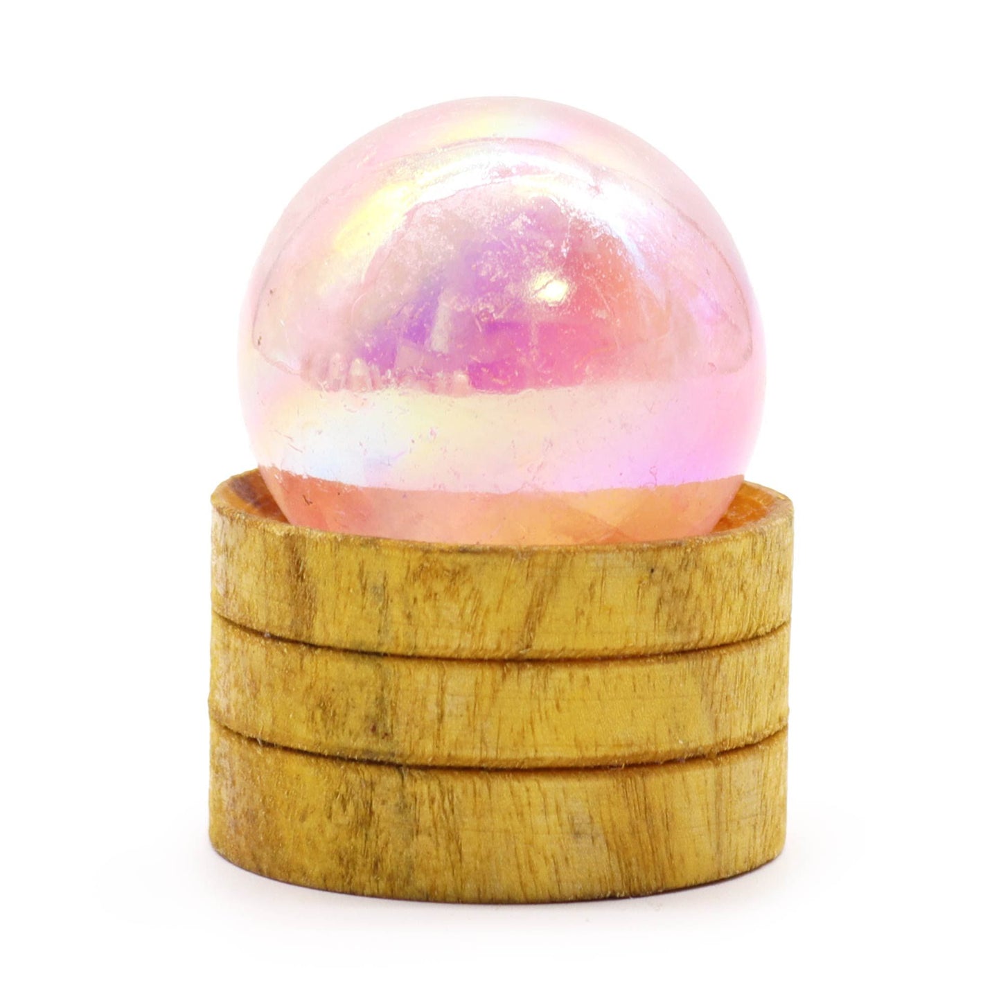 Esfera de Cristal de Quartzo Rosa 40mm com Aura de Titânio e Suporte