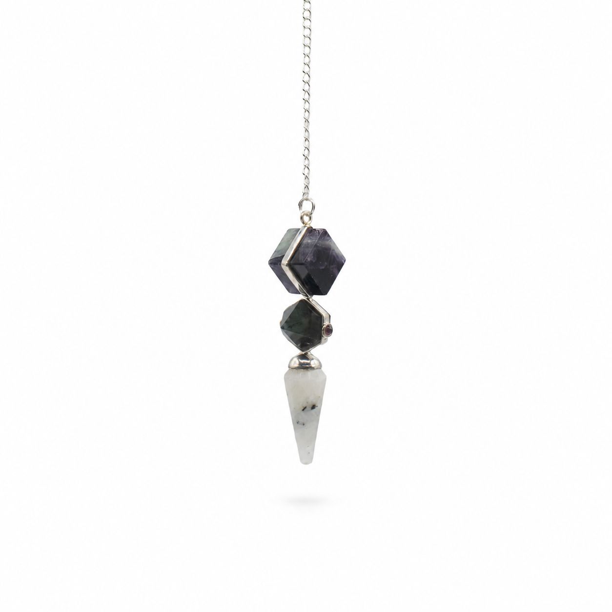 Péndulo de Três Peças - Fluorite, Labradorite e Pedra Lunar