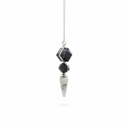 Péndulo de Três Peças - Fluorite, Labradorite e Pedra Lunar