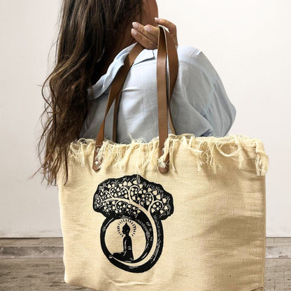 Mala Tote Natural com  Alça de Couro- Árvore de Buda